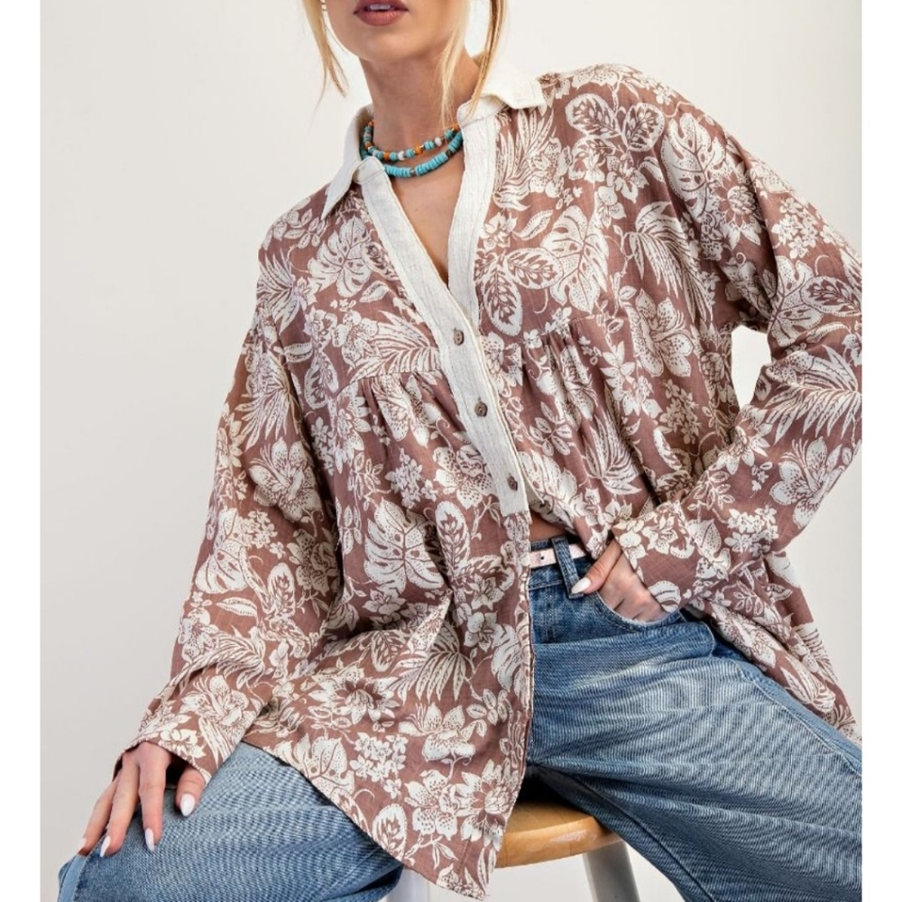 Easel Tunic: Mauve color, pretty print, relaxed fit. Wear buttoned up or open.